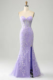Light Purple Mermaid Sweetheart Corset Appliques Prom Dress With Side Slit HZ1024