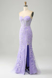 Light Purple Mermaid Sweetheart Corset Appliques Prom Dress With Side Slit HZ1024