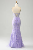 Light Purple Mermaid Sweetheart Corset Appliques Prom Dress With Side Slit HZ1024