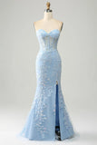 Light Purple Mermaid Sweetheart Corset Appliques Prom Dress With Side Slit HZ1024