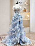 Blue Crystal Sequins Princess A Line Off the Shoulder Prom Dress with Lace Ruffles HZ1024