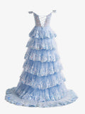 Blue Crystal Sequins Princess A Line Off the Shoulder Prom Dress with Lace Ruffles HZ1024
