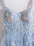 Blue Crystal Sequins Princess A Line Off the Shoulder Prom Dress with Lace Ruffles HZ1024