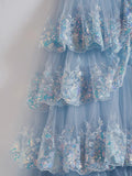 Blue Crystal Sequins Princess A Line Off the Shoulder Prom Dress with Lace Ruffles HZ1024