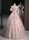 Pink Sweetheart Floral Lace and Tulle Prom Dress, Pink Sweetheart Long Party Dress HZ1024