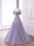 Purple A-Line Heart Neck Sequined Tulle Long Evening Gowns HZ1024