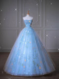 Blue Floral A-Line Strapless Heart Neck Tulle Long Evening Gowns HZ1024