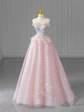 Pink Sweetheart A-Line Heart Neck Strapless Tulle Long Evening Dresses HZ1024