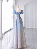 Blue Gradient A-line Short Sleeve Heart Shaped Neck Tulle Evening Dresses HZ1024