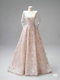 Pink A-Line Heart Neck Strapless Tulle Embroidered Evening Gowns HZ1024