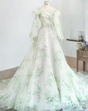 Green Strapless Long Sleeve A-Line Chiffon Full Length Evening Dresses HZ1024