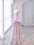 Purple Satin A-Line Heart Neck Strapless Tulle Long Evening Dresses HZ1024