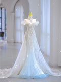 White Strapless Heart Shaped Neckline Beaded Tulle Mermaid Floor Length Wedding Dresses HZ1024