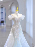 White Strapless Heart Shaped Neckline Beaded Tulle Mermaid Floor Length Wedding Dresses HZ1024