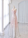 Pink Gradient Neck Hanging Sleeveless Full Shiny Beaded A-Line Long Evening Dress HZ1024