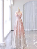 Pink Gradient Neck Hanging Sleeveless Full Shiny Beaded A-Line Long Evening Dress HZ1024