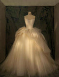 Champagne Strapless Heart Neck Tulle Floor Length Wedding Dresses HZ1024