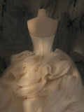 Champagne Strapless Heart Neck Tulle Floor Length Wedding Dresses HZ1024