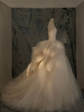 Champagne Strapless Heart Neck Tulle Floor Length Wedding Dresses HZ1024