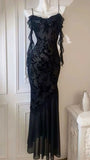 Black Lace Chiffon Spaghetti Strap Sleeveless Long Dress HZ1024