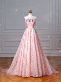 Cute Pink Strapless A-Line Chiffon Printed Long Evening Dresses HZ1024