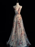 White A-Line V-Neck Sleeveless Printed Tulle Long Evening Dresses HZ1024