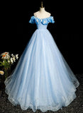 Beautiful Light Blue Tulle Off Shoulder Sweet 16 Dress, Light Blue Formal Dress HZ1024