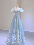 Light Blue A-Line Round Neck Short Sleeve Bright Beaded Tulle Long Evening Dresses HZ1024