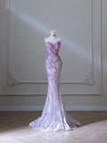 Purple Mermaid Strapless Heart Neck Printed Lace Long Evening Dresses HZ1024