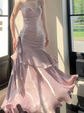 Light Pink Simple Spaghetti Straps Sleeveless Chiffon Long Evening Dresses HZ1024