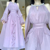 Purple Strapless Long Sleeve Hanging Neck A-Line Chiffon Long Evening Dresses HZ1024