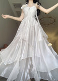 Beautiful White Chiffon Ruffle A-Line Sleeveless Spaghetti Strap Long Dresses HZ1024