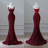 Burgundy Heart Neck Spaghetti Strap Sequined Mermaid Long Evening Dresses HZ1024