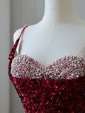 Burgundy Heart Neck Spaghetti Strap Sequined Mermaid Long Evening Dresses HZ1024