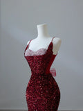 Burgundy Heart Neck Spaghetti Strap Sequined Mermaid Long Evening Dresses HZ1024