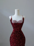 Burgundy Heart Neck Spaghetti Strap Sequined Mermaid Long Evening Dresses HZ1024