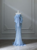 Blue A-line Strapless Beaded Tulle Elegant Long Evening Gowns HZ1024