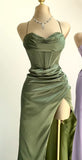 Green A-line Spaghetti Strap Heart Neck Satin Split Long Evening Gowns HZ1024