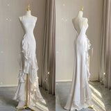 Elegant White Round Neck Slim Fit Sleeveless Dress Evening Party Gown with Ruffles HZ1024