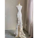 Elegant White Round Neck Slim Fit Sleeveless Dress Evening Party Gown with Ruffles HZ1024