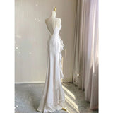 Elegant White Round Neck Slim Fit Sleeveless Dress Evening Party Gown with Ruffles HZ1024