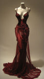 Burgundy Low Cut Spaghetti Straps Mermaid Lace Long Evening Gowns HZ1024