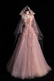 Pink A-Line Spaghetti Strap Tulle Long Evening Dresses HZ1024