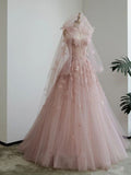 Pink A-Line Spaghetti Strap Tulle Long Evening Dresses HZ1024