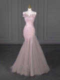 Pink Mermaid Spaghetti Strap Heart Neck Glitter Tulle Long Evening Dresses HZ1024
