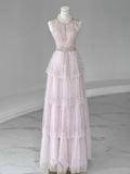 Pink A-Line Hanging Neck Sleeveless Tiered Long Evening Dresses HZ1024