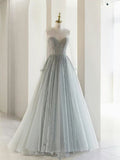 Gray A-Line Round Neck Long Sleeve Beaded Tulle Long Evening Dresses HZ1024