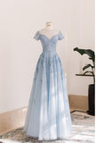 Blue A-line Round Neck Short Sleeve Lace Elegant Long Evening Dresses HZ1024