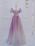 Gradient Purple A-Line One Neck Short Sleeve Tulle Long Evening Dresses HZ1024