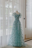 Special Green A-Line Irregular Neck Tulle Long Evening Dresses HZ1024